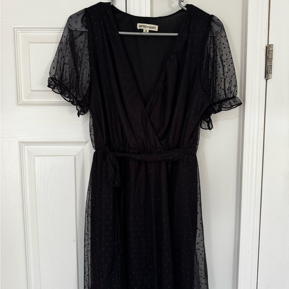 Inspired Hearts Black Flutter Sleeve Wrap Midi Dress